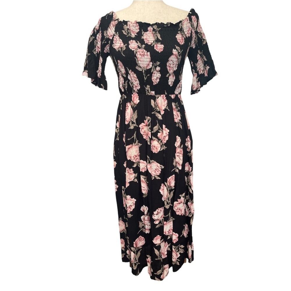 Topshop Black/Pink Floral Smock Top Midi Dress 4 - Picture 5 of 10